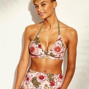 Kona Sol Green Pink Floral Halter Bikini Top